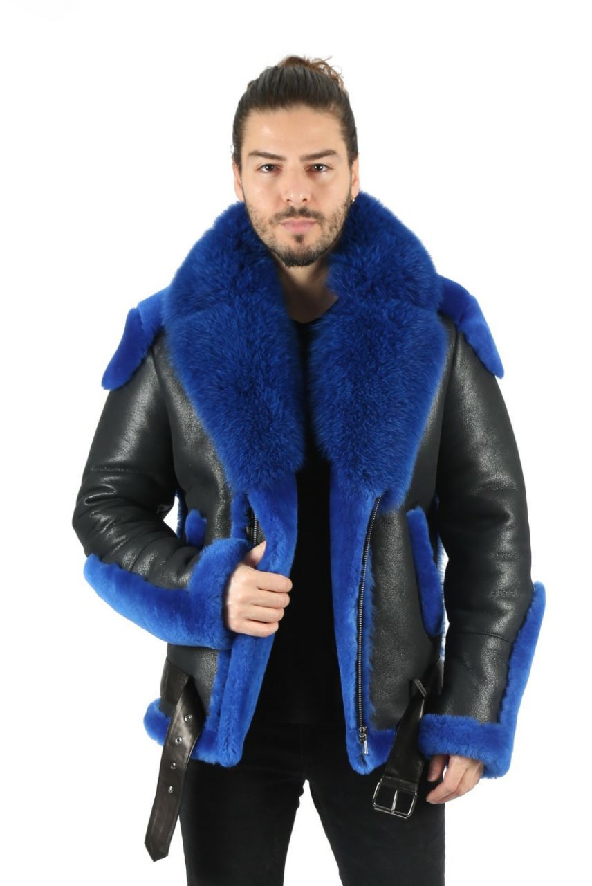 Herren Schwarz Blau Shearling Fliegerjacke - Qualitatives Lederprodukt Hergestellt Von Baymod Deri A.ş. Kontakt Für B2B-Bestellungen.