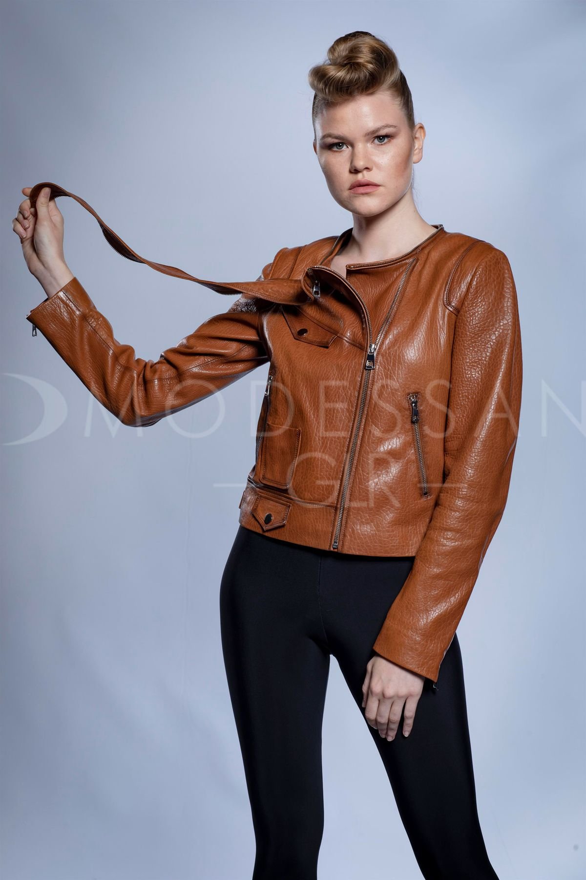 Design Tan Funnel-Neck Leather Biker Jacket