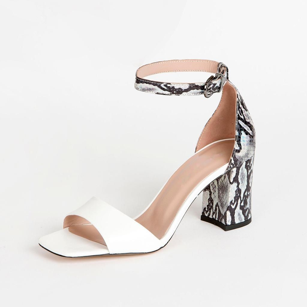 Chic White Snake Print Block Heel Sandals - Quality Leather Product Manufactured By Azra Ayakkabı. Contact For B2B Orders.