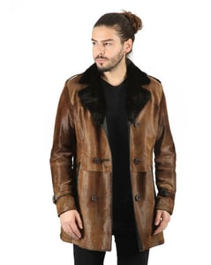 Mens Brown Double Breasted Shearling Collar Coat - Quality Leather Product Manufactured By Baymod Deri A.ş. Contact For B2B Orders.