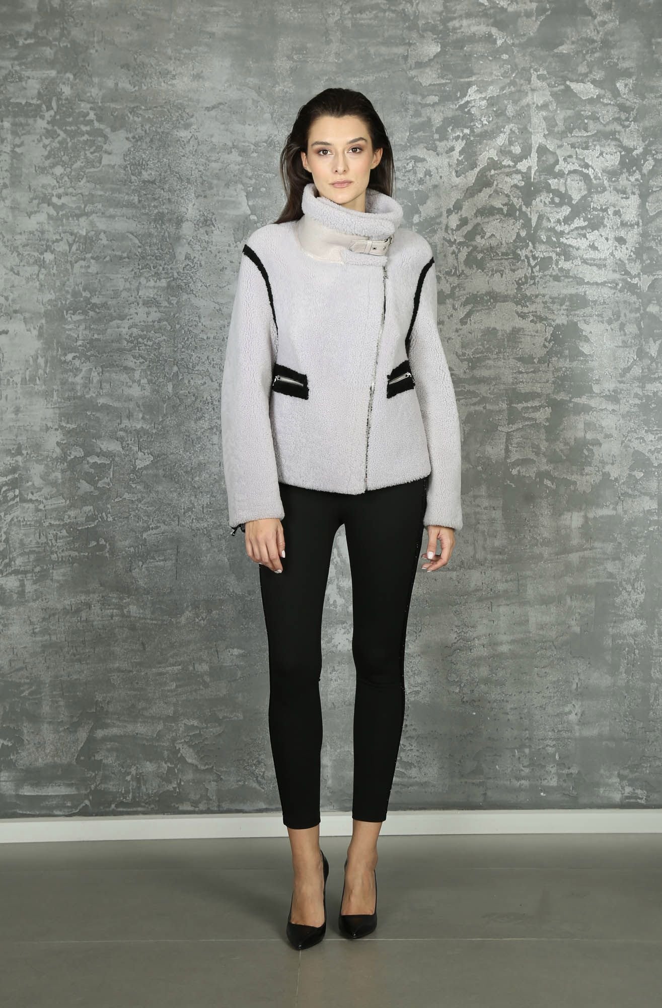 Asymmetrical Pale Lilac Shearling Jacket With Black Accents - Quality Leather Product Manufactured By Rubi̇s Deri̇ci̇li̇k San. Ve Ti̇c. Ltd. Şti̇.. Contact For B2B Orders.