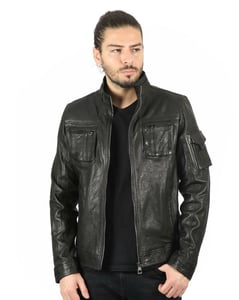 Men's Modern Black Leather Utility Jacket - Quality Leather Product Manufactured By Baymod Deri A.ş. Contact For B2B Orders.
