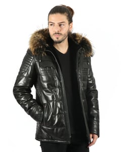 Mens Black Quilted Leather Fur Hood Jacket - Quality Leather Product Manufactured By Baymod Deri A.ş. Contact For B2B Orders.
