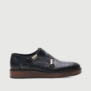 Navy Crocodile Embossed Double Monk Strap Shoes - Quality Leather Product Manufactured By Genio Ayakkabıcılık Tekstil Ve Konfeksiyon Ticaret Limited Şirketi. Contact For B2B Orders.