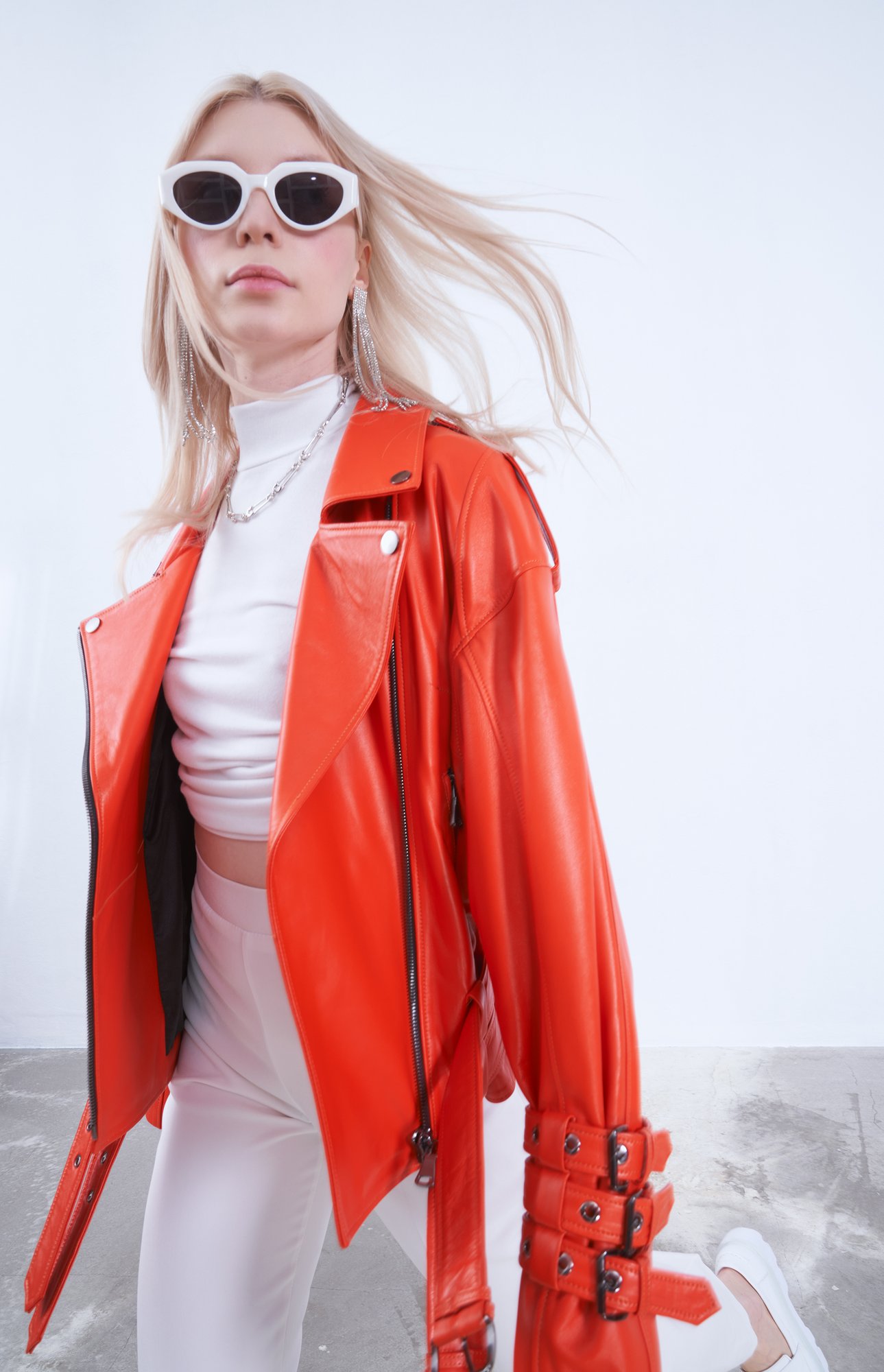 Oversized Orange Genuine Leather Designer Biker Jacket - Quality Leather Product Manufactured By Drejani̇. Contact For B2B Orders.