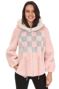 Chic Pink Checkered Hooded Shearling Jacket - Quality Leather Product Manufactured By Tess Dis Tic.ltd.sti. Contact For B2B Orders.