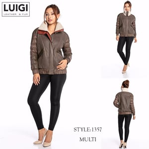 Womens Khaki Shearling Quilted Sleeve Bomber Jacket - Quality Leather Product Manufactured By Luigi Leather & Fur. Contact For B2B Orders.