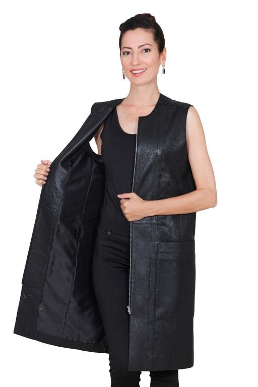 Eleganter Langer Lederweste Moderner Reißverschluss - Qualitatives Lederprodukt Hergestellt Von Tess Dis Tic.ltd.sti. Kontakt Für B2B-Bestellungen.