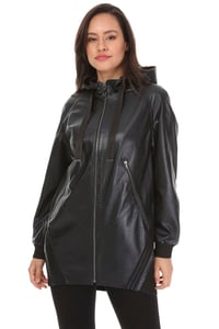 Womens Hooded Relaxed Fit Black Leather Coat - Quality Leather Product Manufactured By Tess Dis Tic.ltd.sti. Contact For B2B Orders.