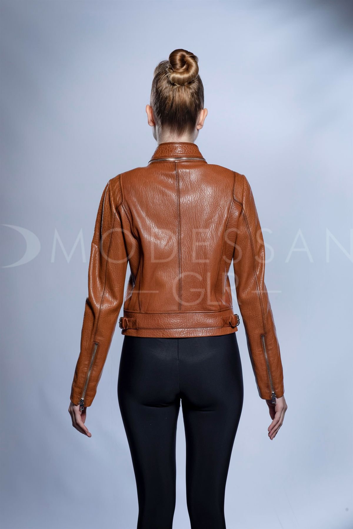 Design Tan Funnel-Neck Leather Biker Jacket