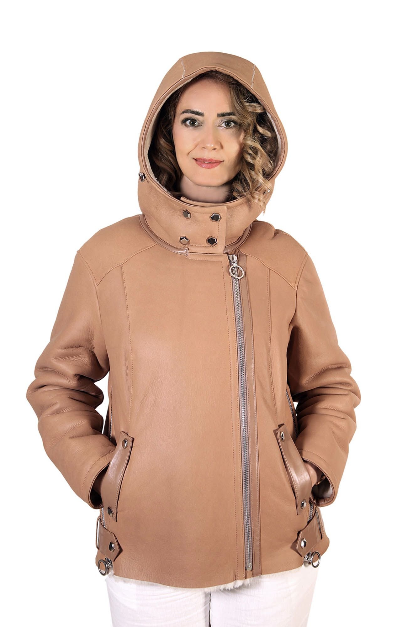 Asymmetrical Zipper Hooded Camel Suede Jacket - Quality Leather Product Manufactured By Derma Deri̇ Ti̇c. Ve San. Ltd. Şti̇.. Contact For B2B Orders.