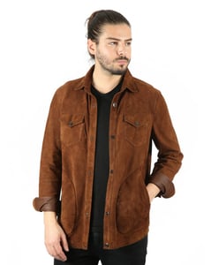 Mens Suede Leather Cognac Shirt Jacket Design - Quality Leather Product Manufactured By Baymod Deri A.ş. Contact For B2B Orders.