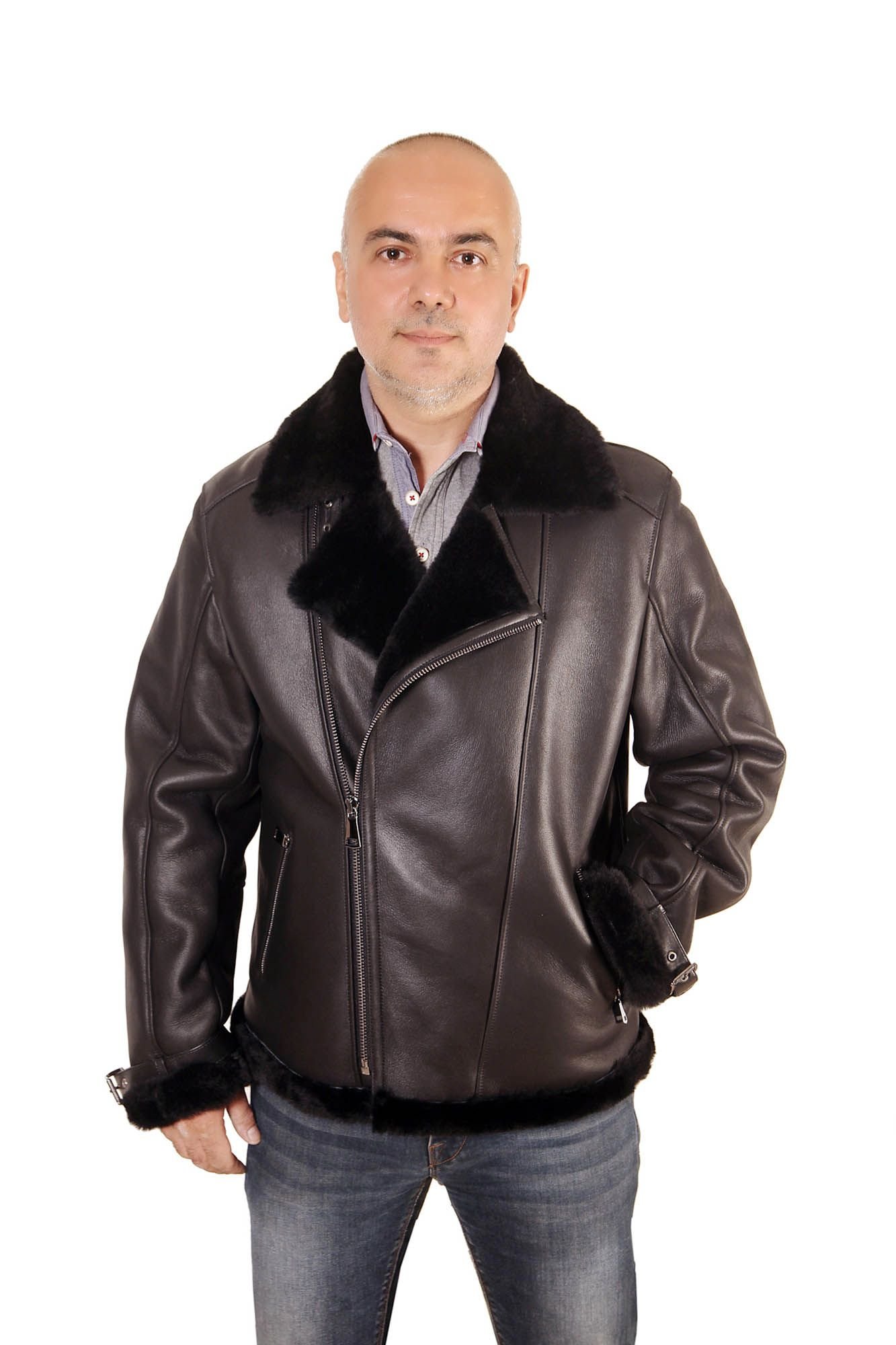 Mens Dark Brown Asymmetrical Shearling Aviator Jacket - Quality Leather Product Manufactured By Derma Deri̇ Ti̇c. Ve San. Ltd. Şti̇.. Contact For B2B Orders.