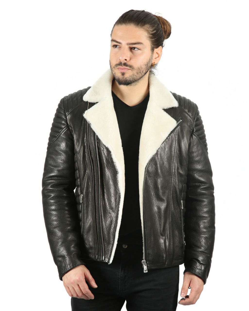 Herren Schwarze Lammleder Biker Jacke Gesteppt - Qualitatives Lederprodukt Hergestellt Von Baymod Deri A.ş. Kontakt Für B2B-Bestellungen.