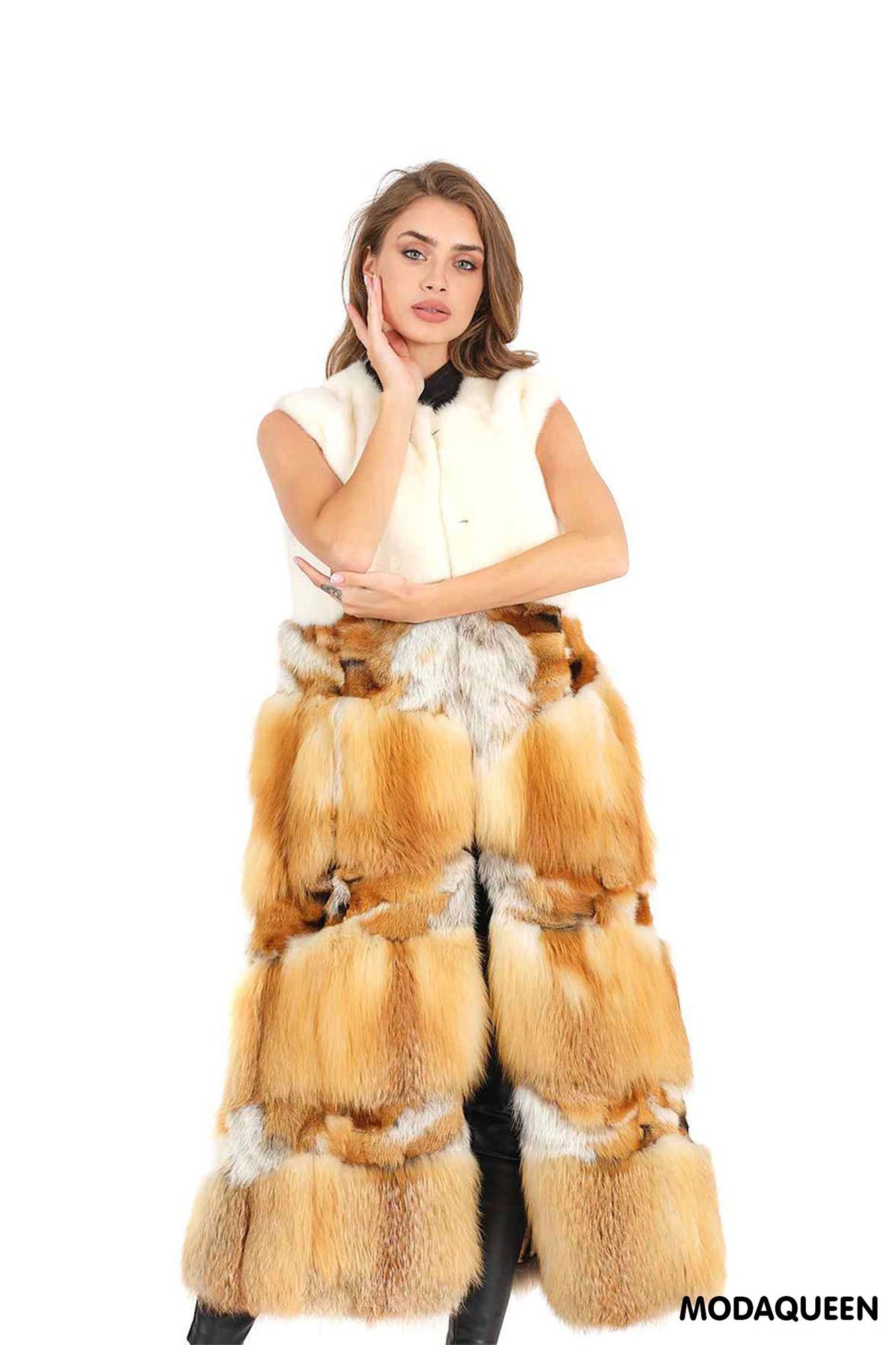 Womens Multi Colored Long Fur Gilet