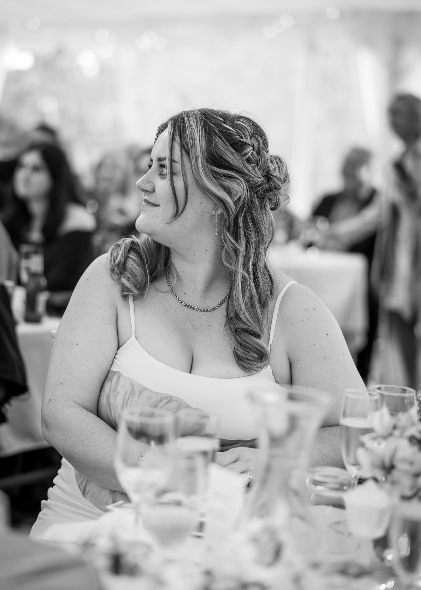 Black and white photo of Shannon at the reception