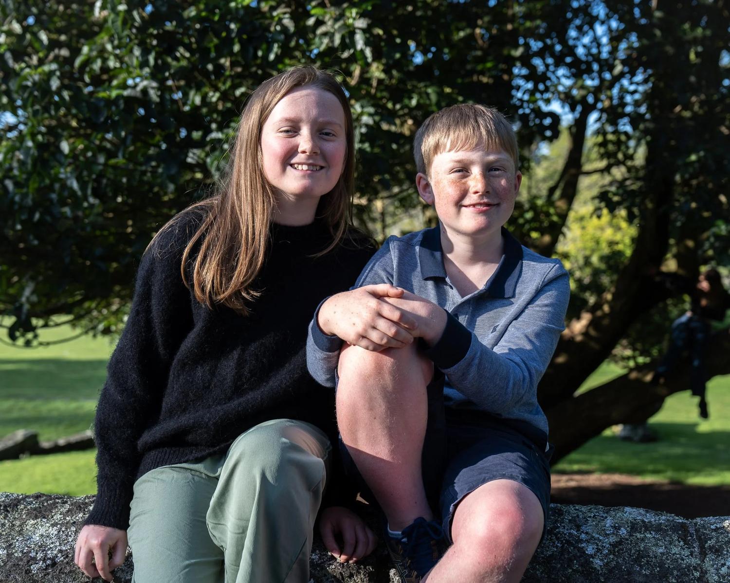 A brother and sister sit together on a rock