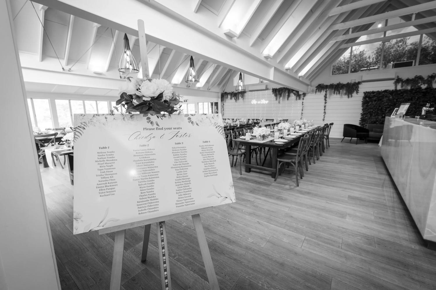 Black and white photo of a wedding seating chart on an easel in a reception room