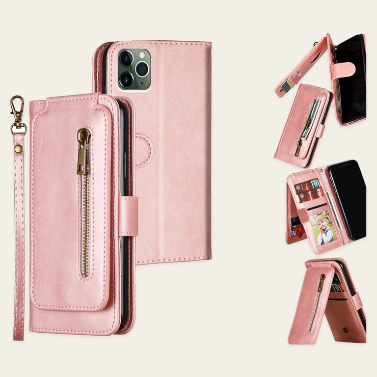 Samsung Galaxy J4 Plus 9 Card Wallet Vertical Flip w Front Zipper Cowhide Finish