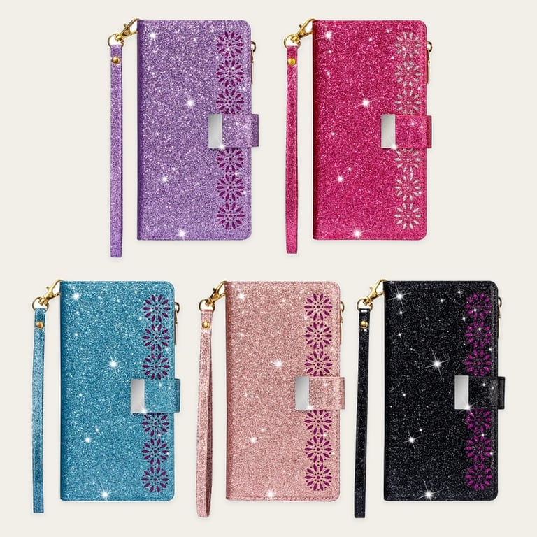 Samsung Galaxy J4 Plus Multifunction Wallet Case Glitter Finish w Lasered Trim 9 Card Slots Zipper Pouch