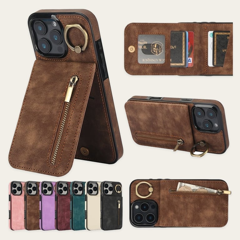 iPhone 6 Plus/ 7 Plus/ 8 Plus Back Wallet Case with Ring and Zipper Pocket RFID