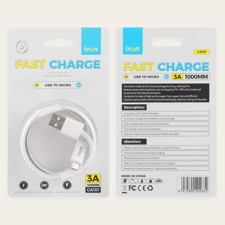 Ivon 3a USB A to Micro Fast Charge 1m Strong and Braided Fast Cable