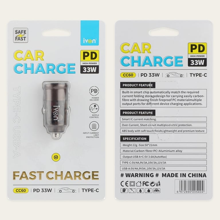 Ivon Dual Port Car Charger : 33W PD Fast Charger Support 25W Super Fast Charge for Samsung & 20W Fast Charge for IP CC60