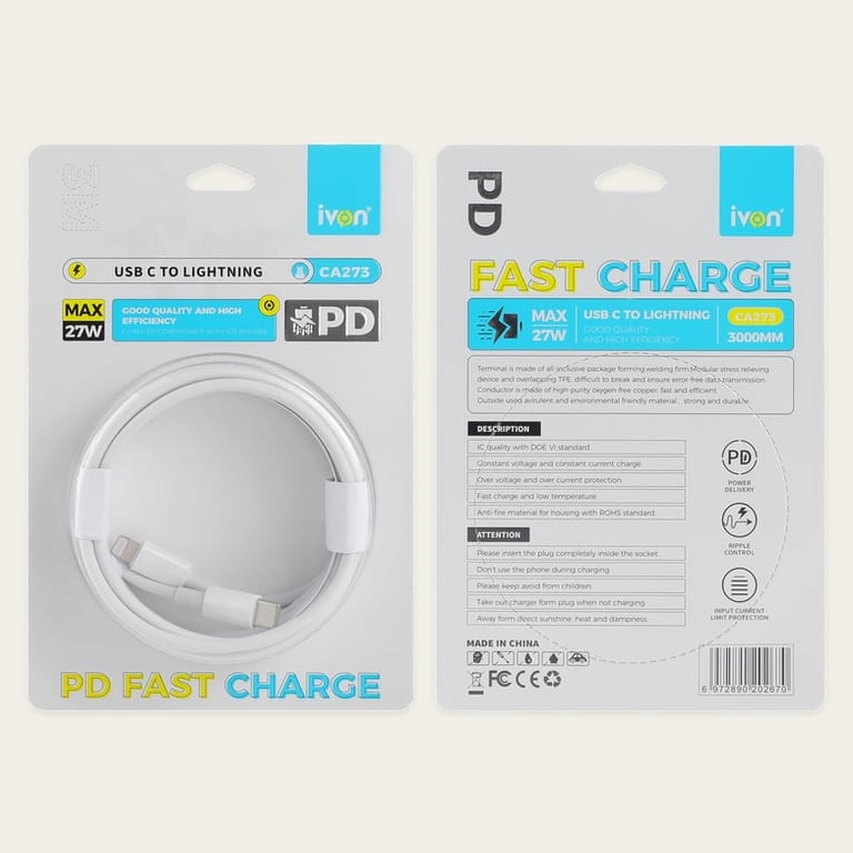 Ivon 3m PD 27W Type C to Lightning Fast Cable