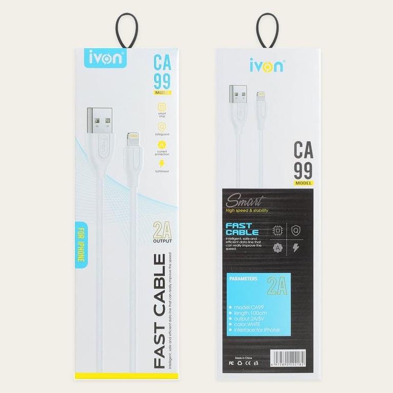 Ivon USB A to Lightning Slim and Fast Pvc Cable 2.1A Fast Charging 1m
