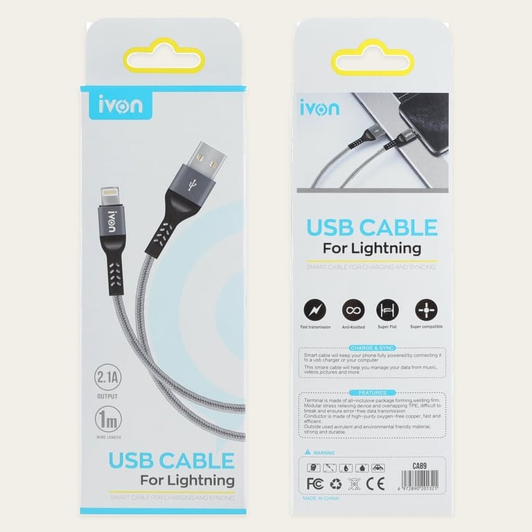 Ivon USB A to Lightning Cable 2.1A Braided w Metal Shield Strong & Durable 1m
