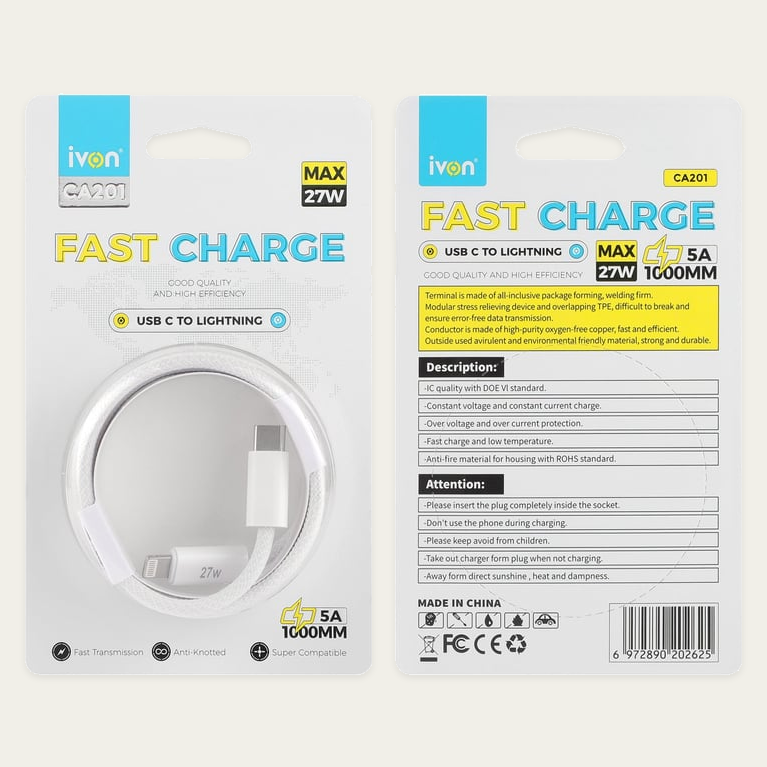Ivon 60W PD Type C to Type C Fast Cable Braided 1m