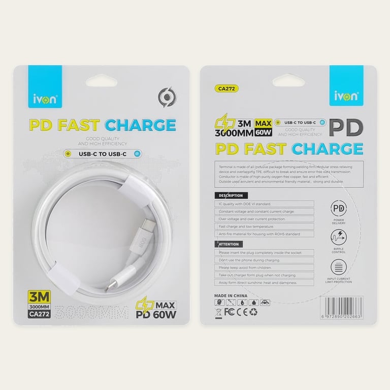 Ivon 3m PD 60W Type C to Type C Fast Cable