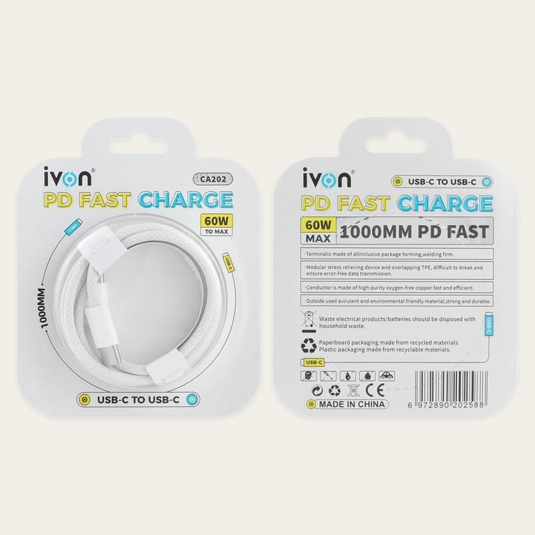 Ivon 60W USB C to USB C iPhone 15 Fast Cable 1m