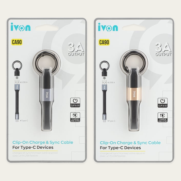 Ivon Clip-on Charge & Sync Cable with Key Ring USB a to USB C
