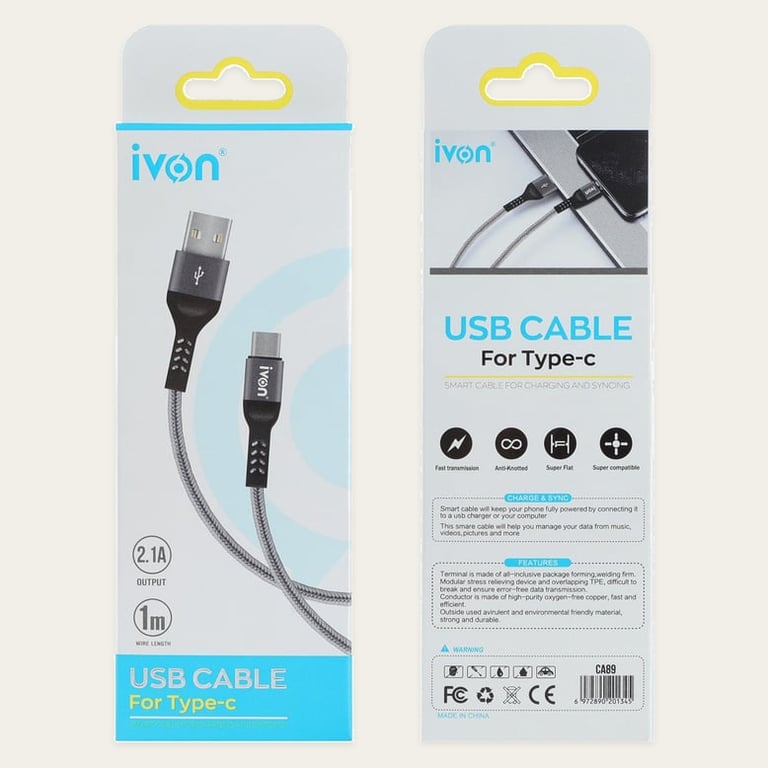 Ivon USB A to USB C Cable 2.1A Braided w Metal Shield Strong & Durable 1m