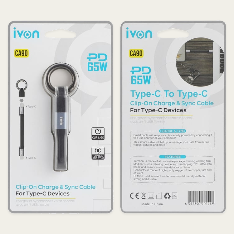 Ivon Clip-on Charge & Sync Cable with Key Ring PD 60W USB C to USB C