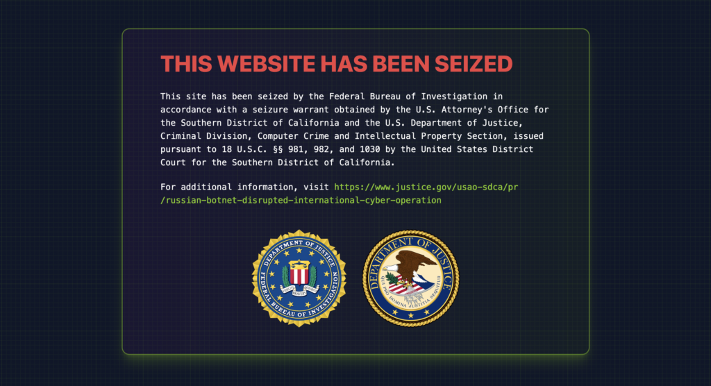 Homepage of closed proxy provider with seizure note from FBI
