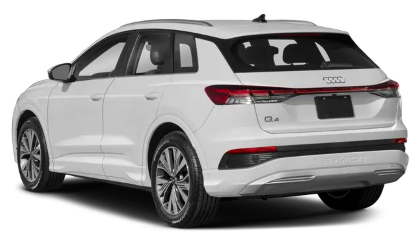 Audi Q4 e-tron SUV rear three-quarter view in white