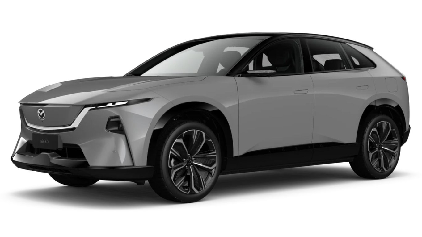 Mazda CX-6e electric SUV front three-quarter view in grey