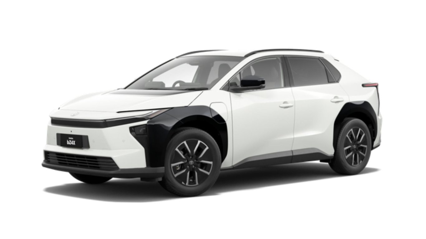 Toyota bZ4X electric SUV front three-quarter view in white