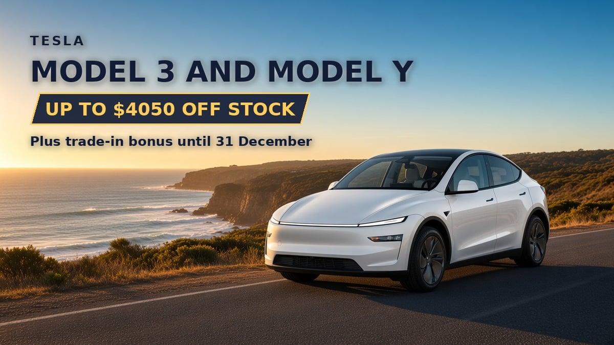 Tesla Model Y on an Australian coastal road as Tesla cuts up to $4050 off Model 3 and Model Y stock