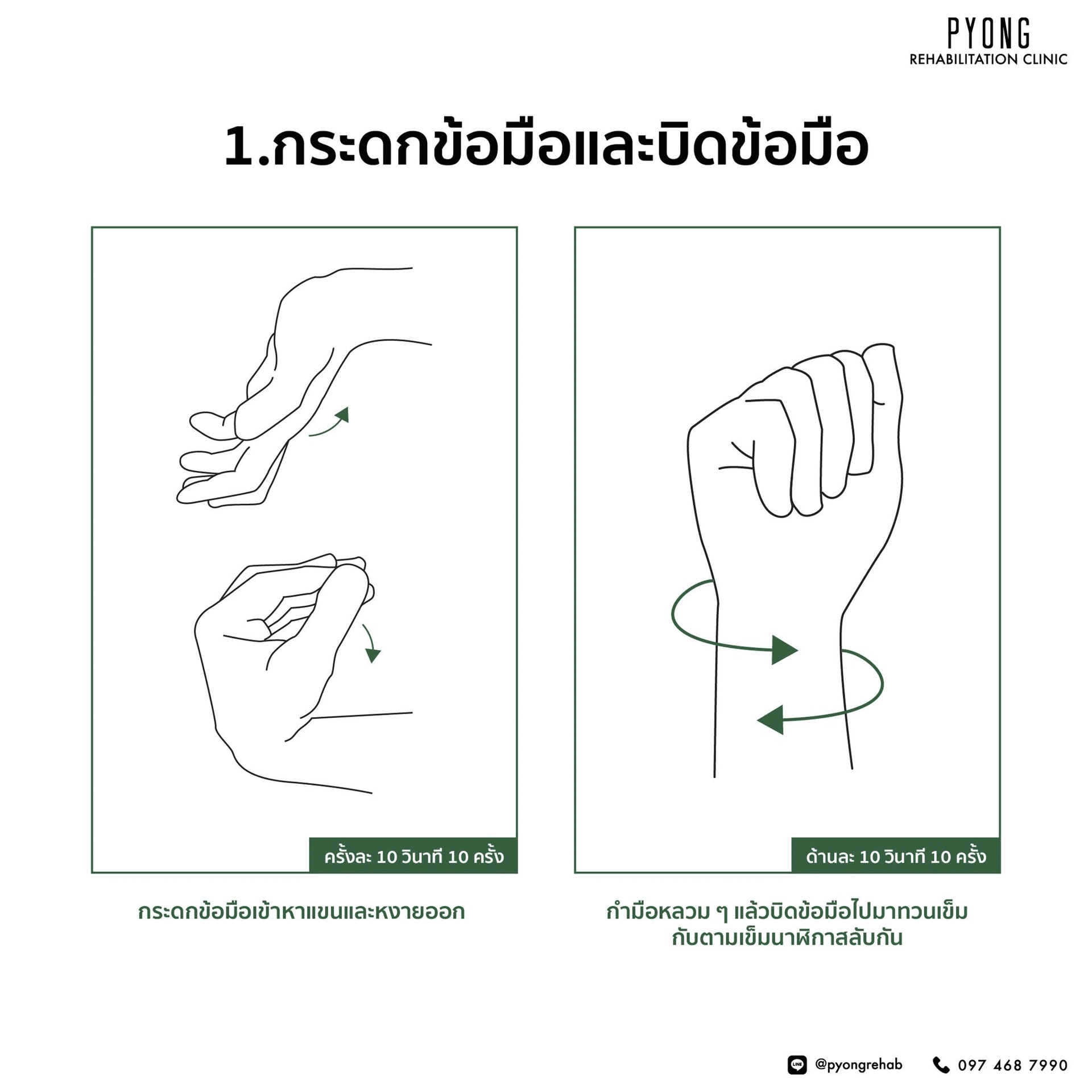 ภาพสาธิตท่ากระดกข้อมือเข้าหาแขนและบิดข้อมือสลับทิศทาง