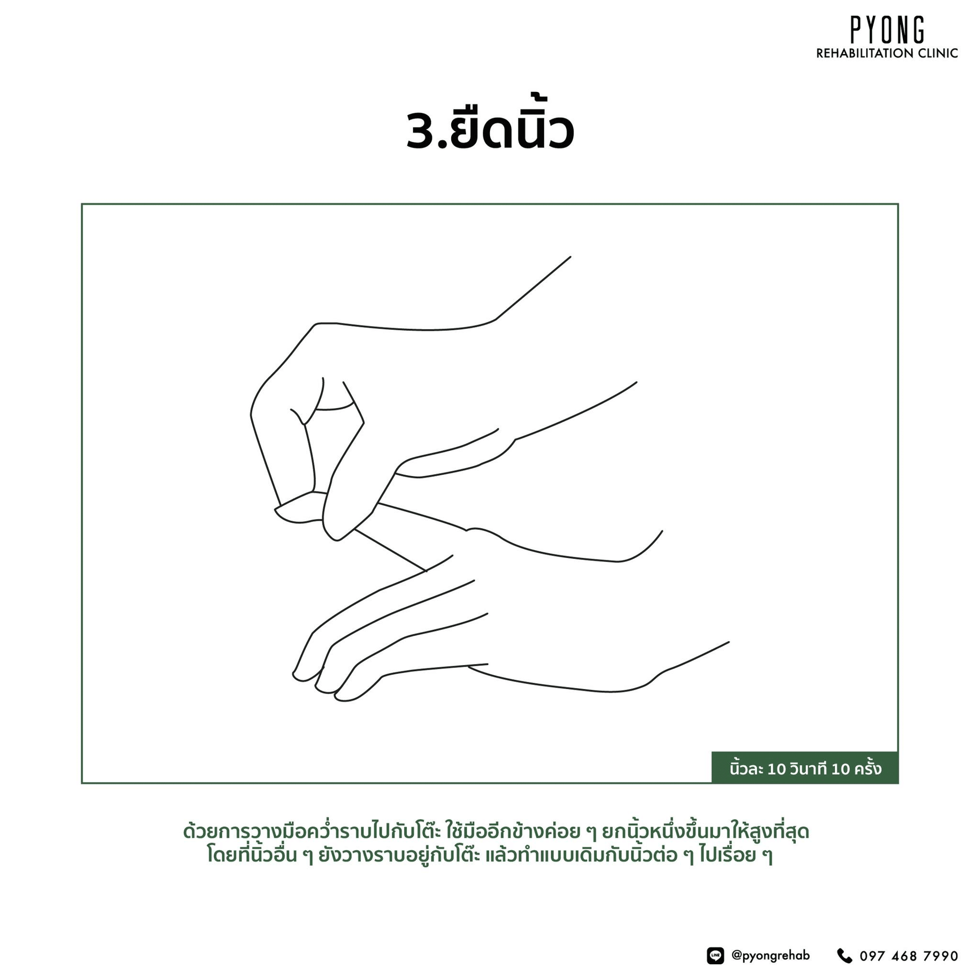 ภาพสาธิตท่ายืดนิ้วโดยวางมือราบกับโต๊ะแล้วยกทีละนิ้ว