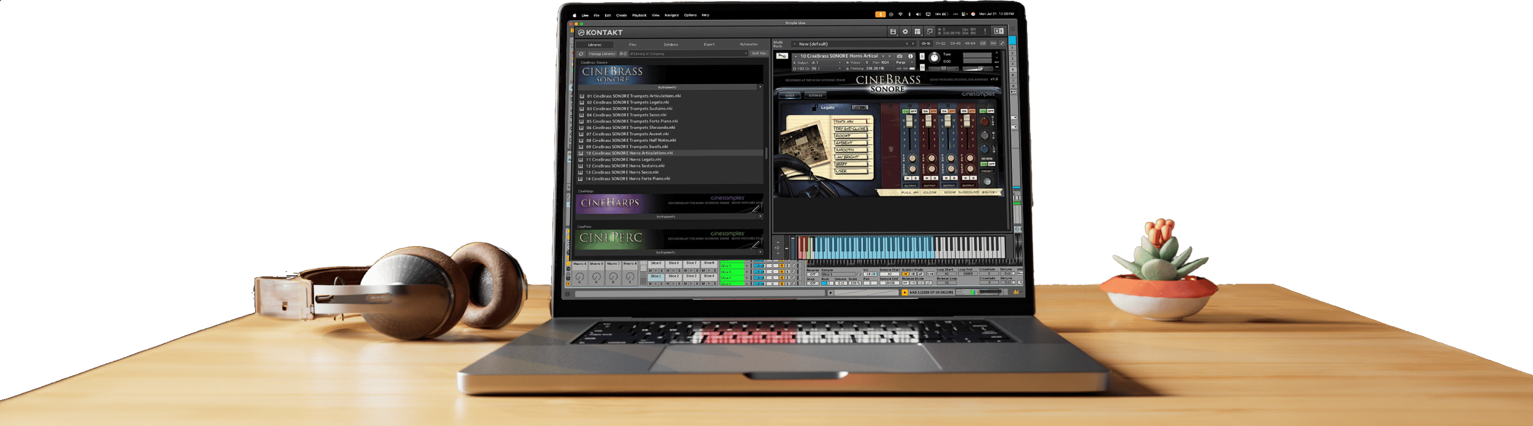 Laptop displaying Cinesamples instruments on a wooden desk