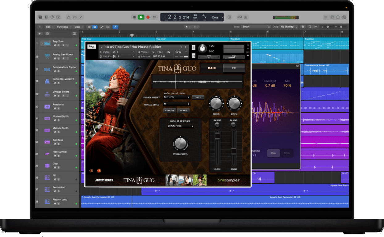 A laptop running the Tina Guo Erhu Phrase Builder inside a music production session