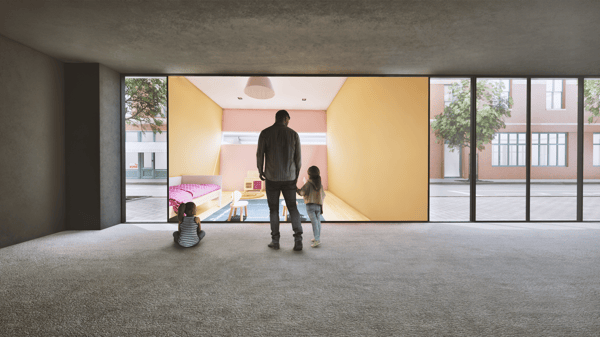 Slot #0002 a3-drawings-to-real-size-experience: Family sharing a 1/1 scale real-size experience on a large screen without VR goggles, proving shared spatial consensus. / [0002] a3-drawings-to-real-size-experience: VRゴーグルなしで1/1スケールのリアルサイズ体験を共有する家族。空間的合意形成の実証。