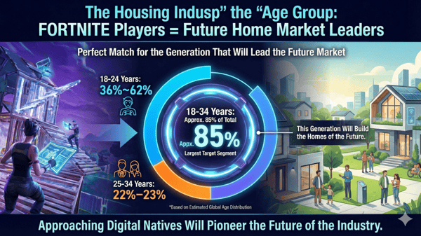 Slot #0022 why-fortnite-architectural-dx: 18-34 age group as future home market leaders. / [0022] why-fortnite-architectural-dx: 85%を占める18-34歳。未来の市場を捉える建築DX。