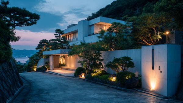 [E578] Blue Hour Industrial Monochromatic Residence Exterior