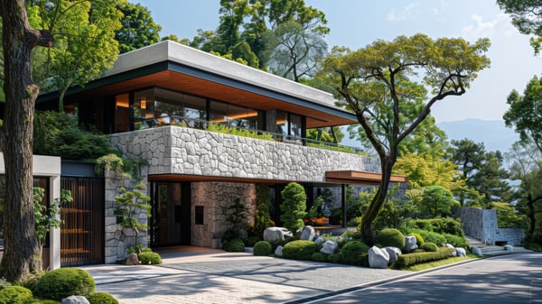 Slot-0201 The Architecture of Silence: Japanese modern exterior with deep eaves, shadow, and timber / [0201] 静寂の建築：深い軒と木材が織りなす和モダン外観