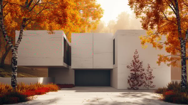 [E782] Organic Exterior Mid-Autumn Birch Light — Nordic White